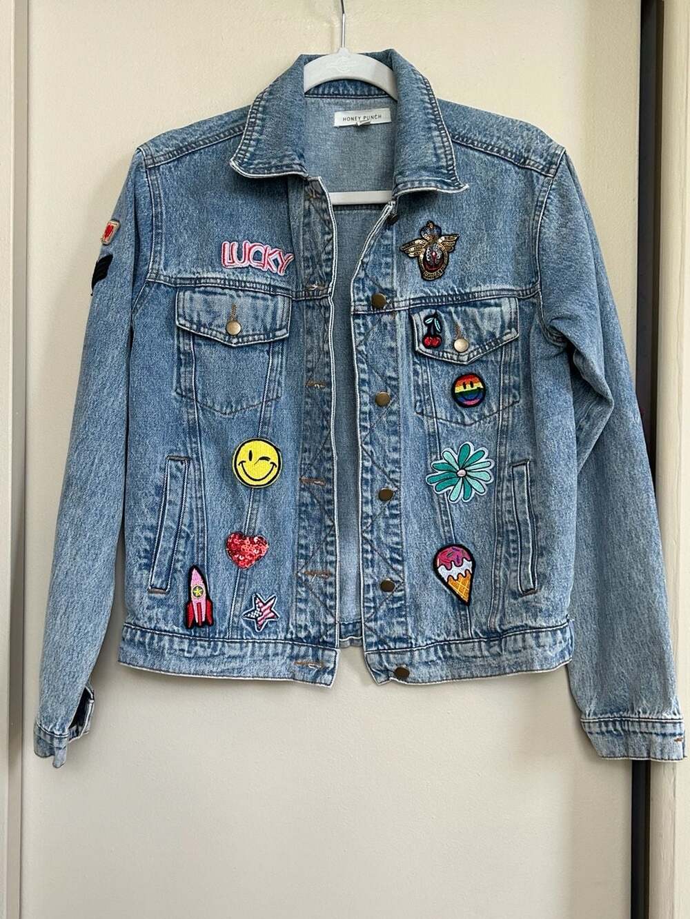 Honey Punch Light Wash Denim Jacket with Embroidered & Sequined Patches, S